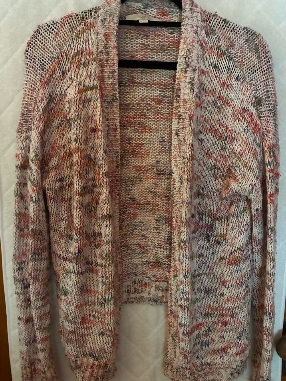 LOFT Multicolor Open-Front Knit Cardigan - Pink, Cream, Orange Speckles